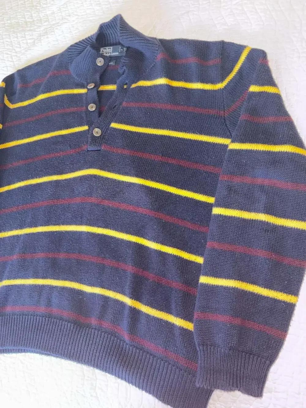 Vintage Polo RalphLauren Striped Cotton Henley Sweater Navy Yellow Men’s XL Knit
